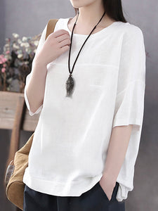 Solid Color Half Sleeve O-neck Casual T-shirt for Women