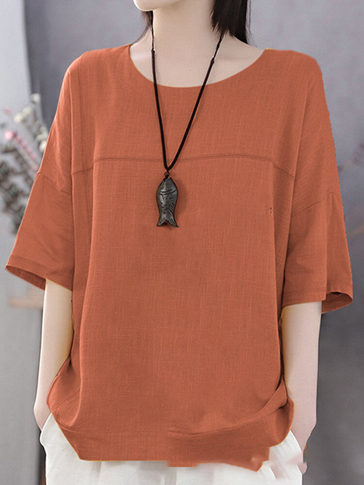 Solid Color Half Sleeve O-neck Casual T-shirt for Women