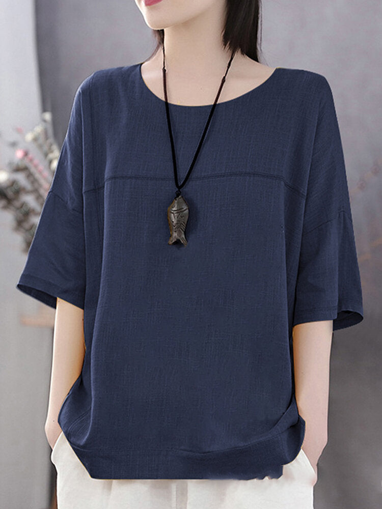 Solid Color Half Sleeve O-neck Casual T-shirt for Women