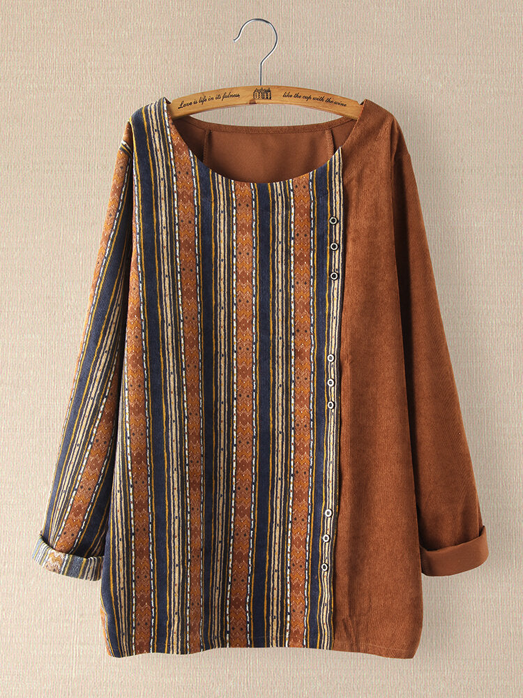 Corduroy Striped Print Patchwork Plus Size Blouse