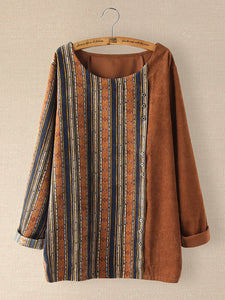 Corduroy Striped Print Patchwork Plus Size Blouse