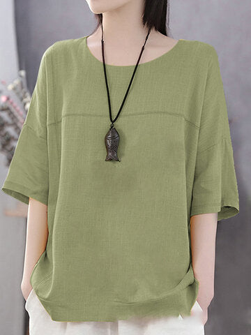 Solid Color Half Sleeve O-neck Casual T-shirt for Women