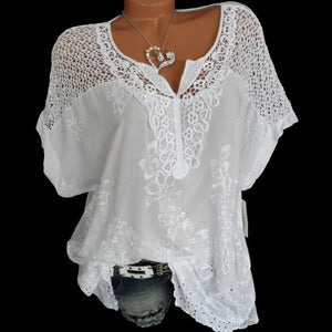 Short Sleeve Loose White Lace Patchwork Shirt/Plus Sizes