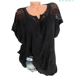 Short Sleeve Loose White Lace Patchwork Shirt/Plus Sizes