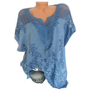 Short Sleeve Loose White Lace Patchwork Shirt/Plus Sizes