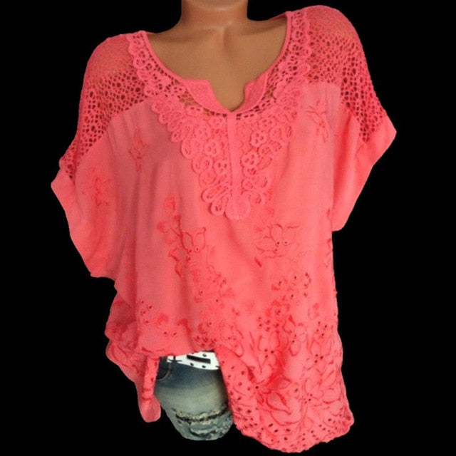 Short Sleeve Loose White Lace Patchwork Shirt/Plus Sizes
