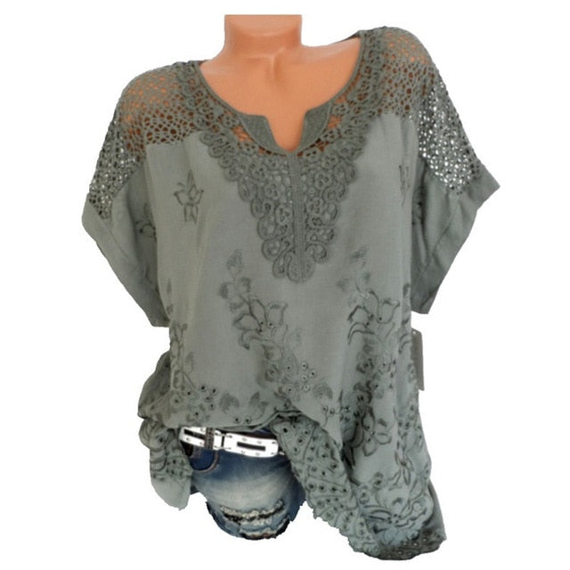 Short Sleeve Loose White Lace Patchwork Shirt/Plus Sizes