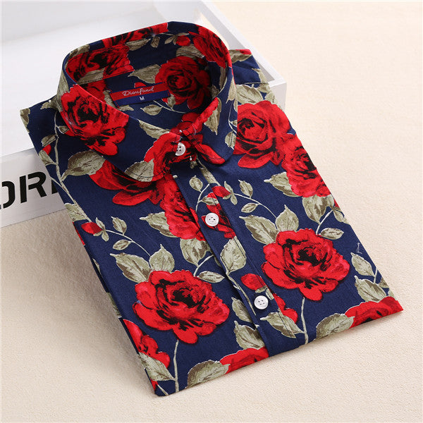Floral Print Turn-Down Collar Long Sleeve Blouse