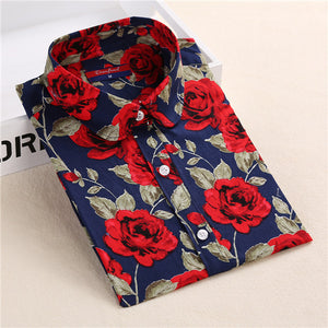 Floral Print Turn-Down Collar Long Sleeve Blouse