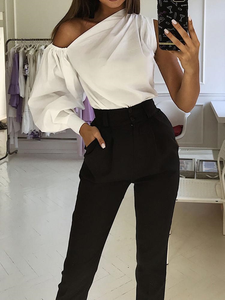White One-shoulder Lantern Fashion Blouse