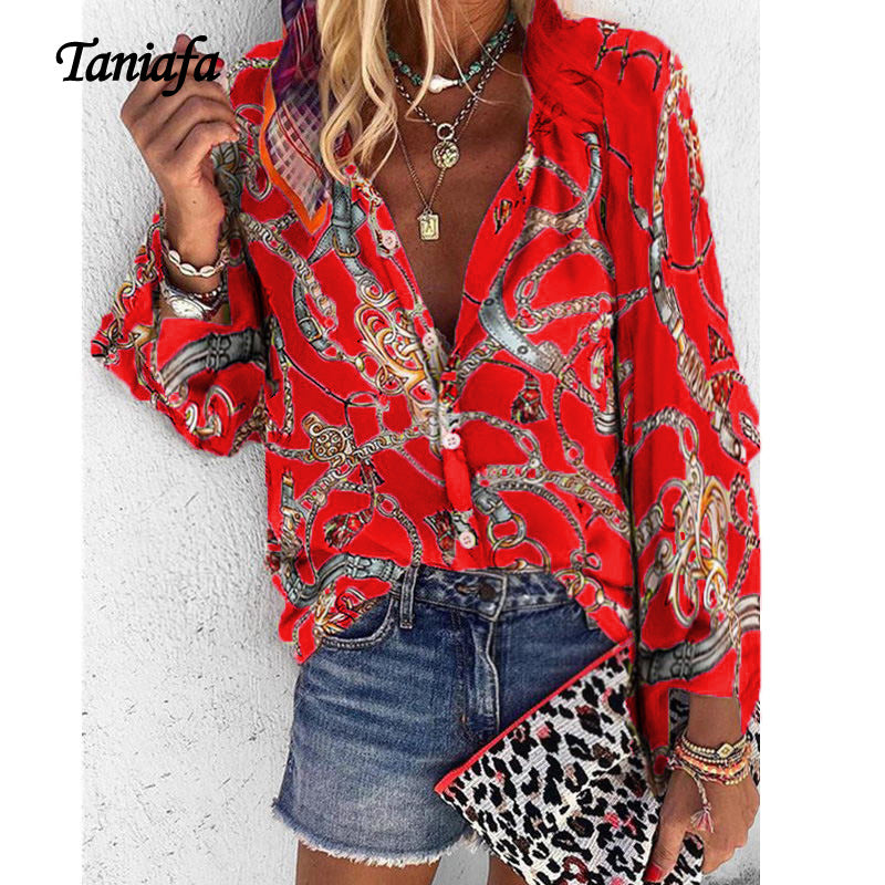V Neck Long Sleeve Button Casual Loose Print Blouse/plus sizes