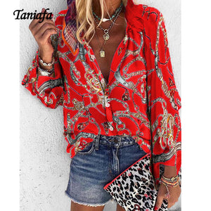 V Neck Long Sleeve Button Casual Loose Print Blouse/plus sizes