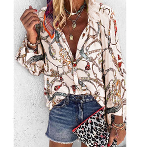 V Neck Long Sleeve Button Casual Loose Print Blouse/plus sizes