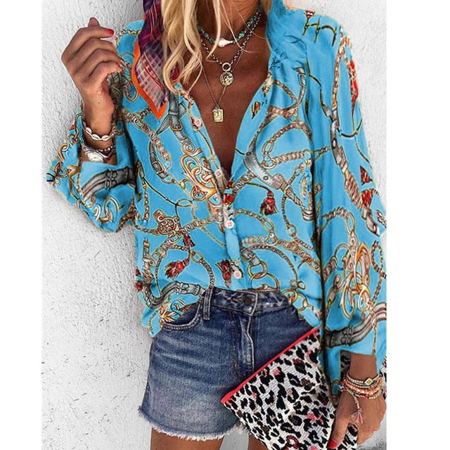 V Neck Long Sleeve Button Casual Loose Print Blouse/plus sizes