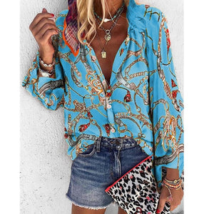 V Neck Long Sleeve Button Casual Loose Print Blouse/plus sizes