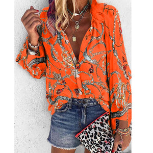 V Neck Long Sleeve Button Casual Loose Print Blouse/plus sizes