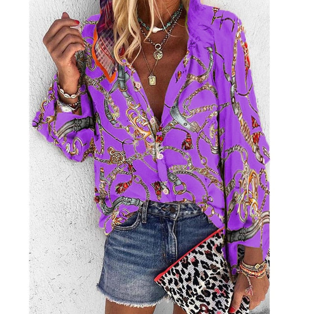 V Neck Long Sleeve Button Casual Loose Print Blouse/plus sizes