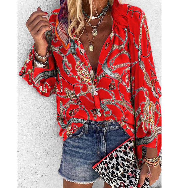 V Neck Long Sleeve Button Casual Loose Print Blouse/plus sizes