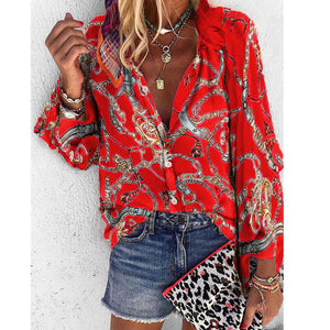 V Neck Long Sleeve Button Casual Loose Print Blouse/plus sizes