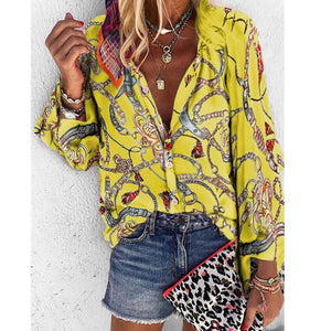 V Neck Long Sleeve Button Casual Loose Print Blouse/plus sizes