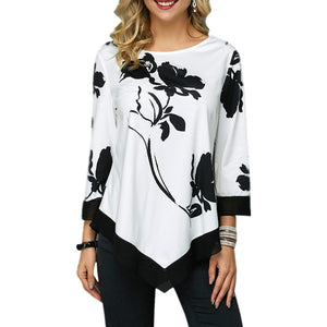 Round Neck  Long-sleeved Print Irregular Hem Tunic Casual Tops