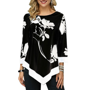Round Neck  Long-sleeved Print Irregular Hem Tunic Casual Tops