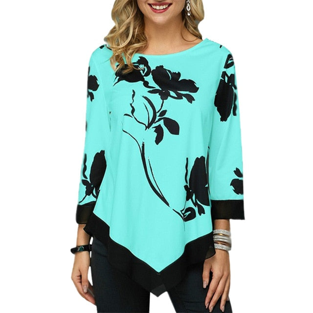 Round Neck  Long-sleeved Print Irregular Hem Tunic Casual Tops