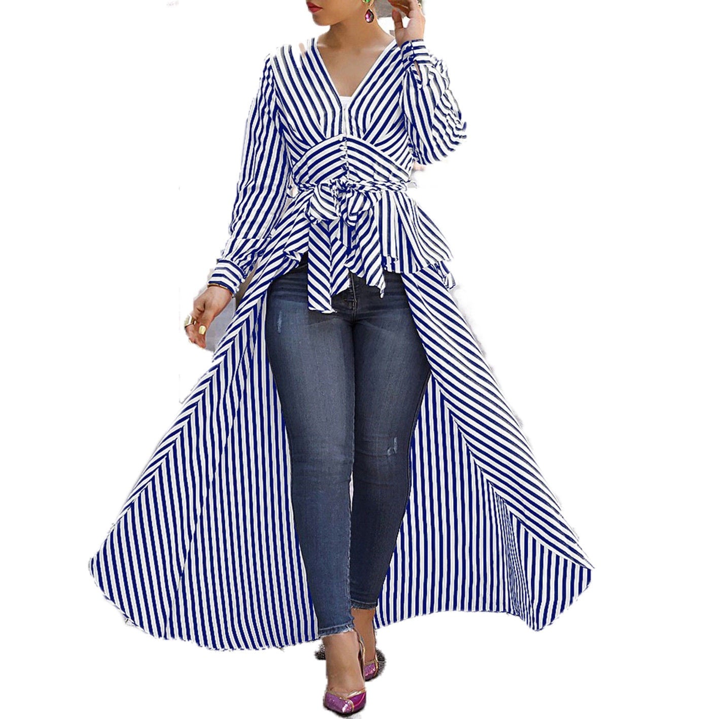 Sexy Stripe Long Sleeve V Neck Tops Tunic Shirt