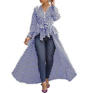 Sexy Stripe Long Sleeve V Neck Tops Tunic Shirt