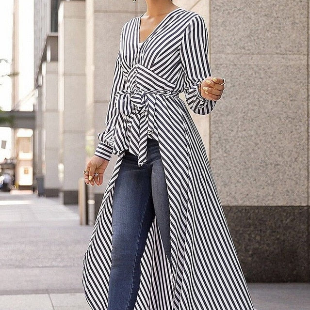 Sexy Stripe Long Sleeve V Neck Tops Tunic Shirt