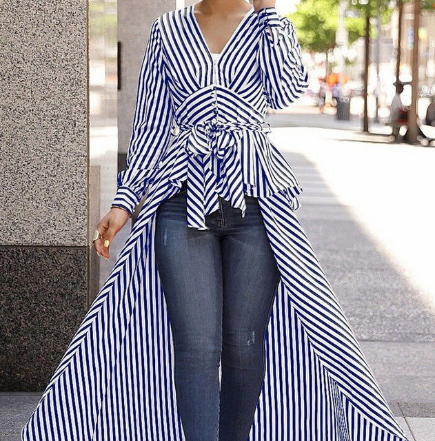 Sexy Stripe Long Sleeve V Neck Tops Tunic Shirt
