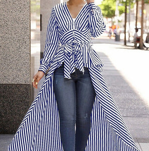 Sexy Stripe Long Sleeve V Neck Tops Tunic Shirt