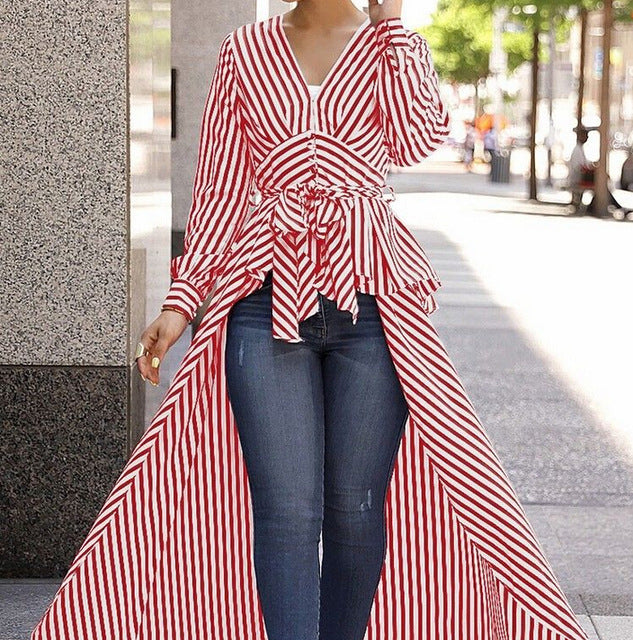 Sexy Stripe Long Sleeve V Neck Tops Tunic Shirt