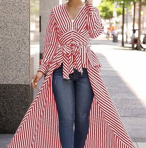 Sexy Stripe Long Sleeve V Neck Tops Tunic Shirt