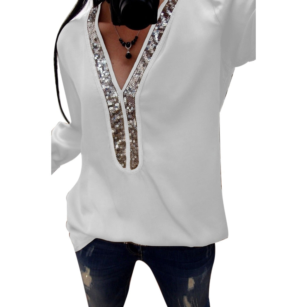 Sequined V Neck Patchwork Long Sleeve Tunic/ Plus Size