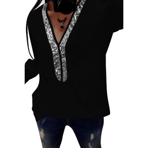 Sequined V Neck Patchwork Long Sleeve Tunic/ Plus Size