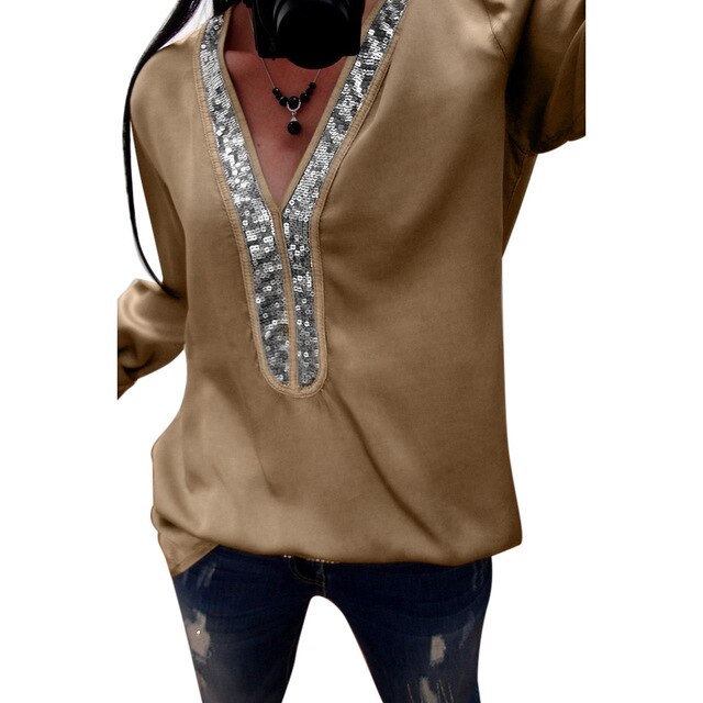 Sequined V Neck Patchwork Long Sleeve Tunic/ Plus Size