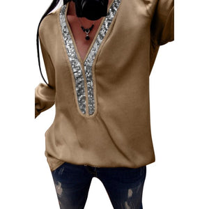 Sequined V Neck Patchwork Long Sleeve Tunic/ Plus Size