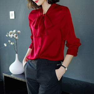 Chiffon Bow Loose Long Sleeve Office Lady Chiffon Blouse