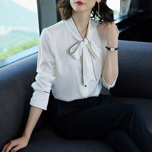 Chiffon Bow Loose Long Sleeve Office Lady Chiffon Blouse