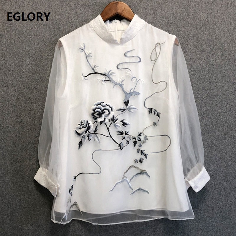 Luxurious Embroiery 3/4 Sleeve Vintage Blouse