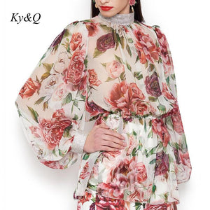 Stand Neck Flower Print Chiffon Blouse