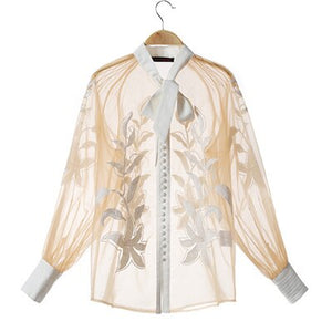 Embroidered Lantern Sleeve Single-breasted  Lace Palace Style Lace Top