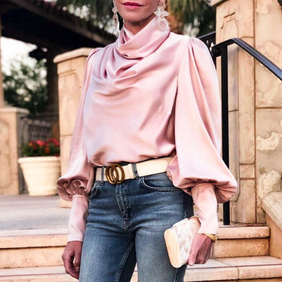 Vintage Pink Satin Turtle Neck Pleated Blouse