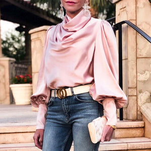 Vintage Pink Satin Turtle Neck Pleated Blouse