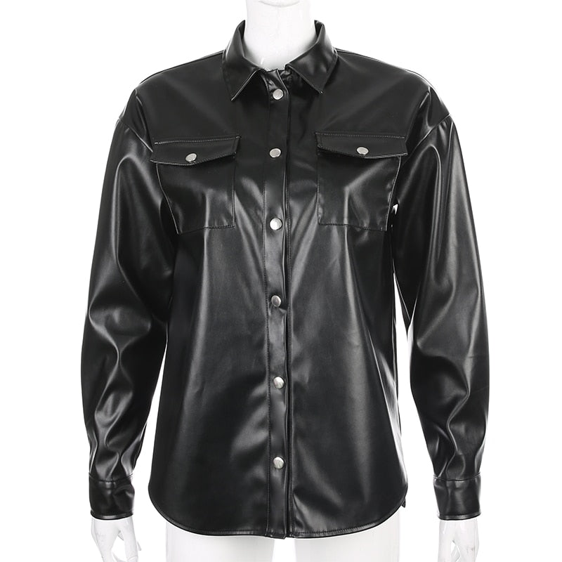 Darlingaga Streetwear Black PU Leather Blouse Women Cardigan Buttons Fashion Women's Shirt Top Long Sleeve Solid Leather Blouses