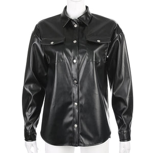 Darlingaga Streetwear Black PU Leather Blouse Women Cardigan Buttons Fashion Women's Shirt Top Long Sleeve Solid Leather Blouses