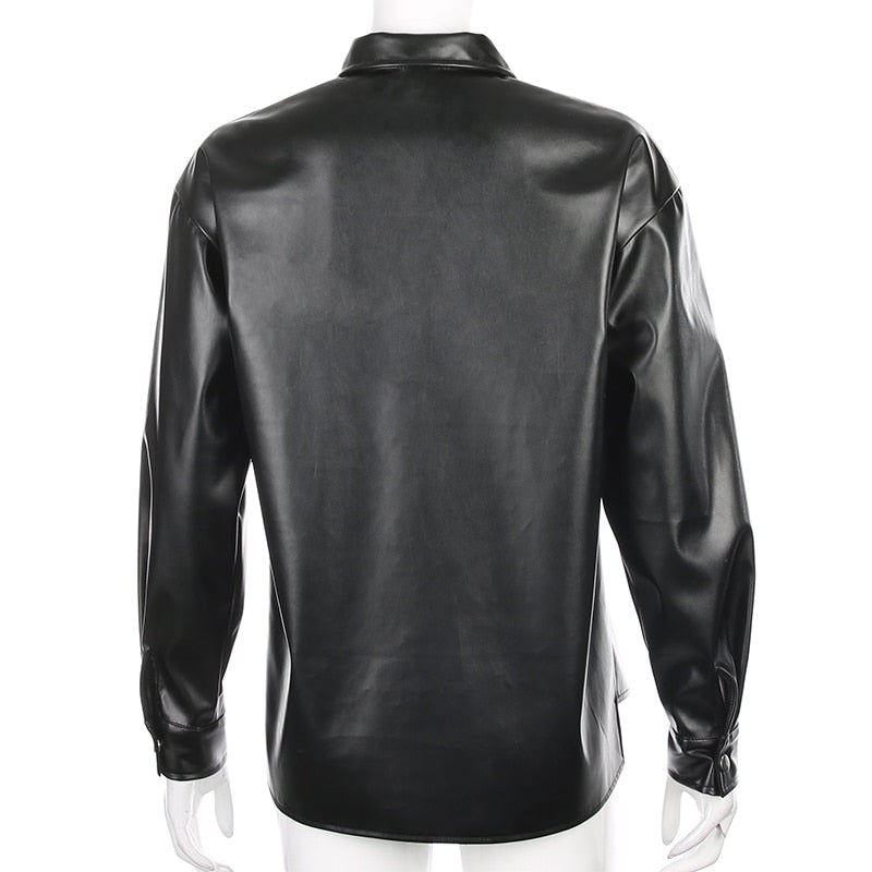 Darlingaga Streetwear Black PU Leather Blouse Women Cardigan Buttons Fashion Women's Shirt Top Long Sleeve Solid Leather Blouses