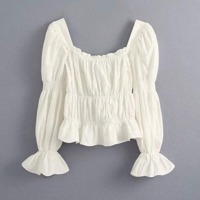 New 2020 women fashion square collar pleated smock Shirts blouses wome flare sleeve ruffles roupas femininas chic tops LS6492