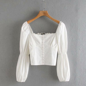 Women Court Style Square Collar Buttons Casual Short Blouse Shirt Women